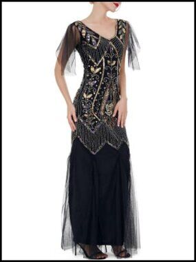 1920s Art Deco Sequin Maxi Dress V-Neck Tulle Sleeves Flapper Formal Gown